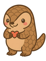 Adorable cartoon pangolin standing and holding a red heart with a sweet smile. Perfect for love, kindness, or wildlife themes.
