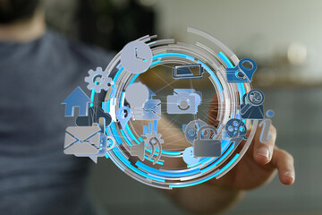 Person using digital interface, network, technology, connectivity, communication, data, information, future, innovation, digital, web, internet, icons