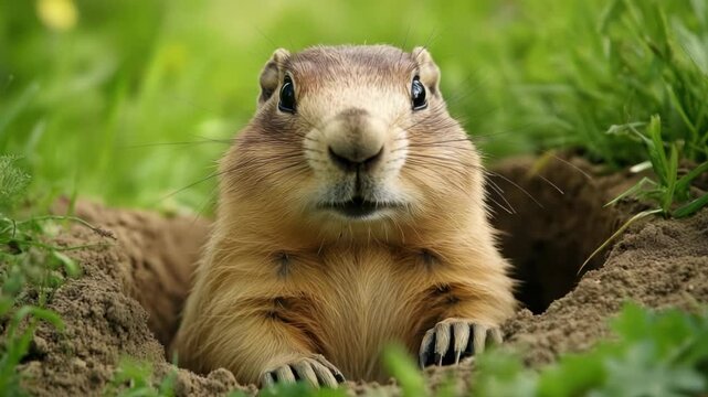 Curious prairie dog peeking from burrow