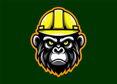 Ape mascot head wearing a construction helmet, combining strength and industry themes, perfect for logos, branding, team identity, and bold vector illustrations.
