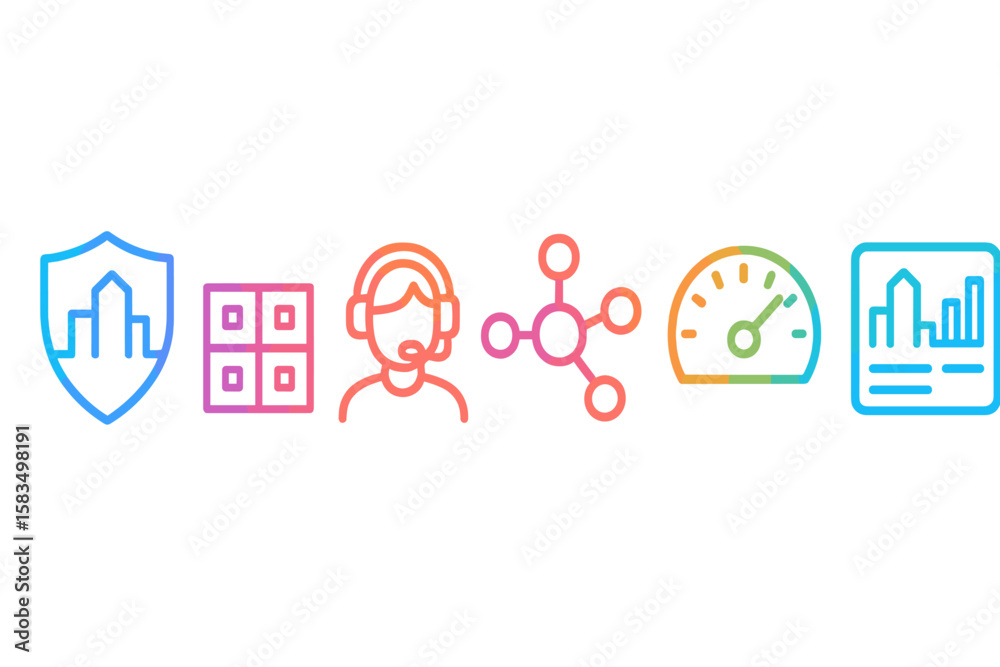 Poster digital security icons representing diverse aspects of technology and data management in a modern se