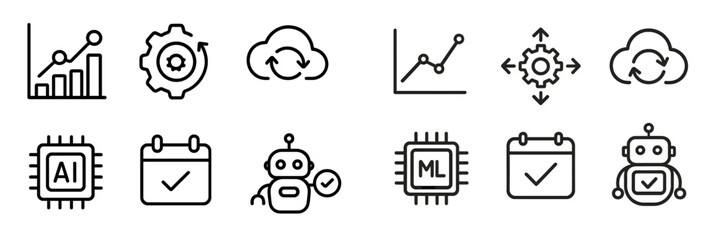 Digital icons representing artificial intelligence, machine learning, and data analytics in a modern design
