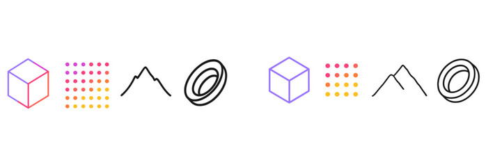 Geometric design elements featuring colorful cubes, dots, and abstract mountain shapes in a modern layout on a white background