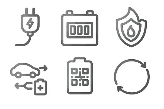 Six icons representing battery, electrical, and safety concepts designed for energy management and electric vehicles in modern applications