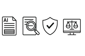 Icons representing artificial intelligence, analysis, security, and legal compliance in a digital environment