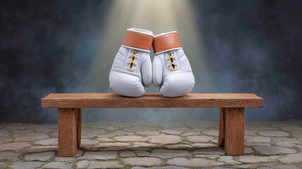 White boxing gloves with brown straps hang on a rustic wooden bench under a spotlight on a stone floor with a dark, textured background.