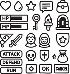 A comprehensive collection of black and white line art icons depicting various elements for a classic role-playing video game user interface.