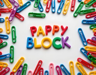 a playful arrangement of papier mÃ¢chÃ© blocks spelling out "pappy block" in vibrant, colorful lettering against a stark white background