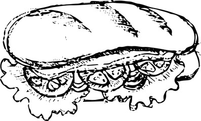 Sandwich with lettuce, tomatoes, and onions in black and white outline  