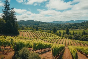 Naklejka premium Scenic vineyard landscape under a blue sky with clouds, nestled in rolling hills of Napa Valley
