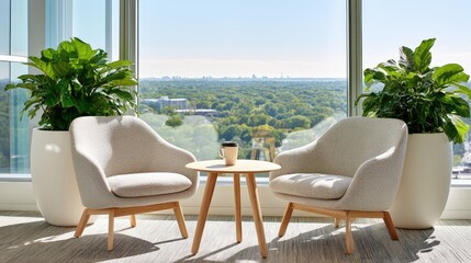 Obraz premium Two cozy armchairs with a small round table and coffee cup sit by a window overlooking a lush green landscape under a clear sky.