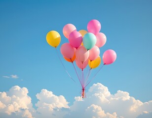 a whimsical scene of multiple balloon filled hot air balloons floating against a clear blue sky