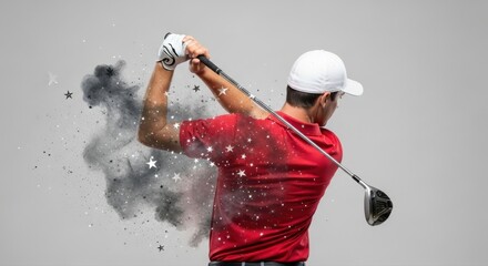 Back view of a golfer in red shirt swinging club amidst magical star particles