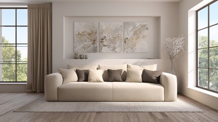 Minimalist living room with beige sofa and abstract art, bathed in soft natural light, embodying contemporary elegance and tranquility.
