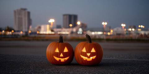 Fototapeta premium Two glowing jack o lanterns with smiling faces sit on dark surface with blurred cityscape and evening sky in background, creating spooky Halloween atmosphere