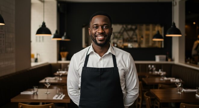  confident smiling waiter in a clean modern restaurant setting, wearing a crisp white shirt and black apron, standing with arms relaxed behind back