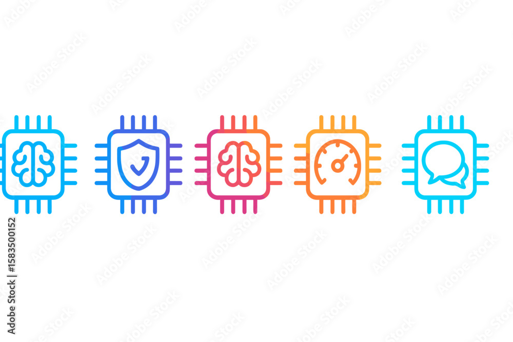 Poster visual representation of artificial intelligence concepts including brain, security, processing spee