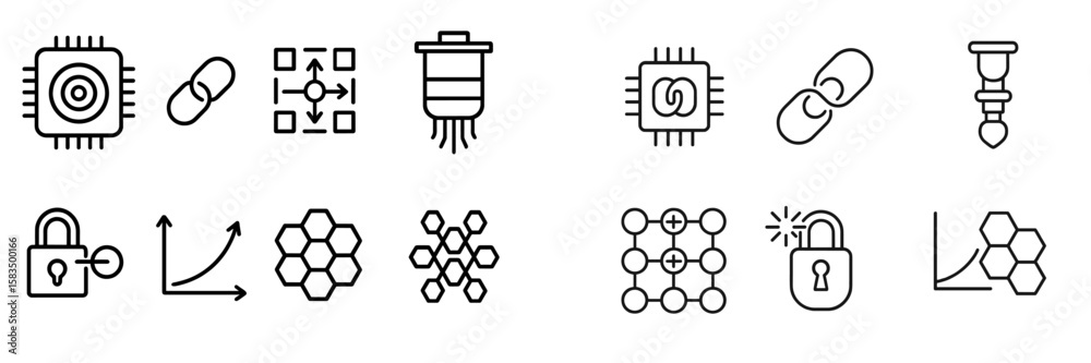 Poster diverse set of line art icons representing technology and secure data in a modern digital environmen