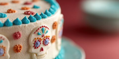 Sugar skull cake decorated with vibrant icing patterns in blue, orange, purple, and red colors, celebrating festive and joyful occasions with detailed artistic design