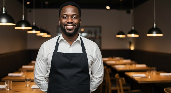 confident smiling waiter in a clean modern restaurant setting, wearing a crisp white shirt and black apron, standing with arms relaxed behind back
