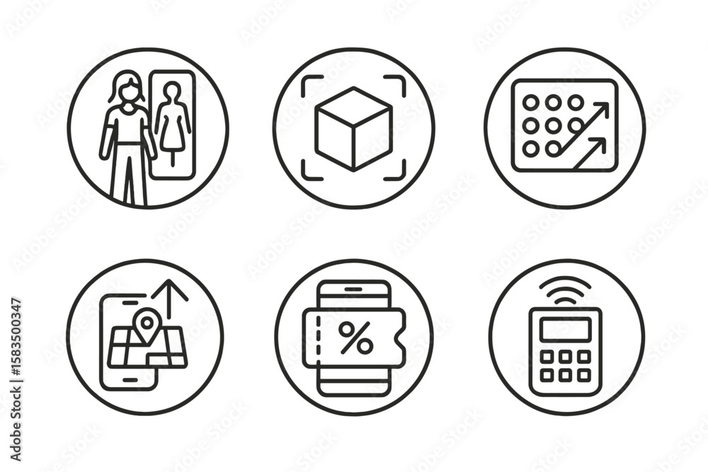 Poster various icons representing technology, mapping, and data analysis for a modern digital application c