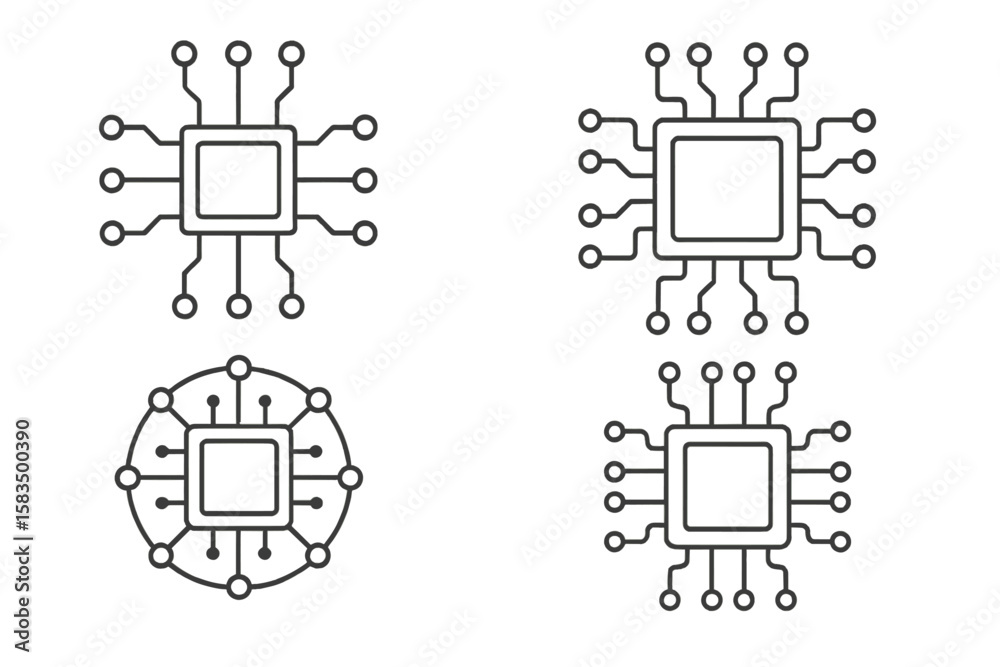 Poster various designs of microchips featuring intricate circuitry patterns displayed in a grid format
