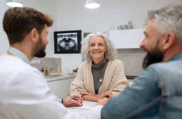Obraz premium Veterinary dentist showing dental X-ray of a dog to pet owner, digital screen in background. 