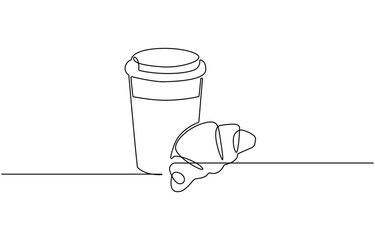 breakfast with croissant and coffee drawn in one line style, One continuous line drawing, Bakery symbol art drawing. Croissant design outline. Editable stroke.