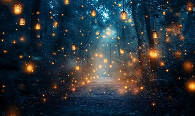 Enchanted forest path illuminated by lanterns. Magical night scene with glowing lights and trees