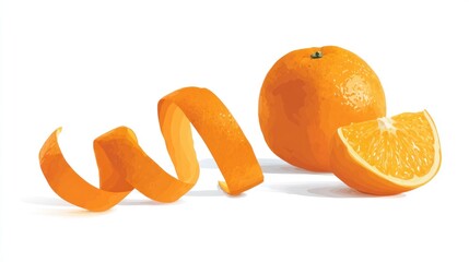 Fresh orange peel spiral next to a whole and sliced orange
