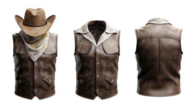 Western cowboy outfit with leather vest, hat, and bandana isolated on transparent background