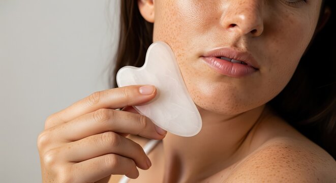 Woman using jade gua sha tool for facial massage and skincare