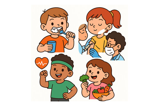 Children Health Care Vector Illustration with Cute Cartoon Characters