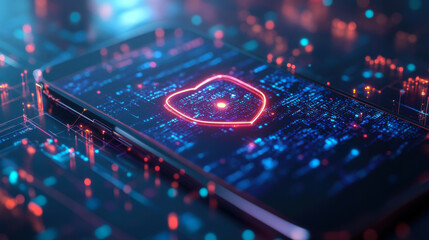 smartphone with a glowing shield hovering above it, showing encrypted messages and secured data