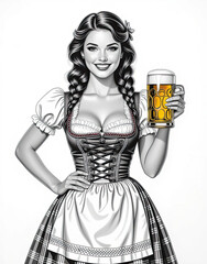A Bavarian pin-up girl in a dirndl holding a beer glass, monochrome illustration on white background with copy space
