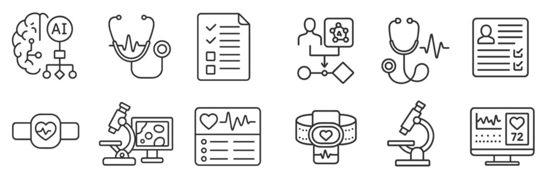 Health technology and artificial intelligence icons representing modern medical advancements in patient care and data analysis