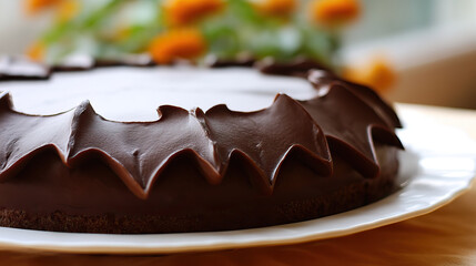 Chocolate cake bat shape fondant decoration dessert Halloween theme spiderweb platter smooth icing dark chocolate festive treat close up