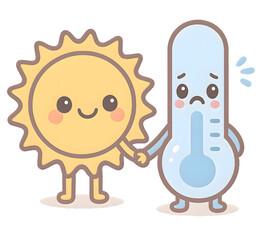Adorable cartoon sun holding hands with a sad blue thermometer, symbolizing cold weather with warmth and kindness. Fun seasonal concept.
