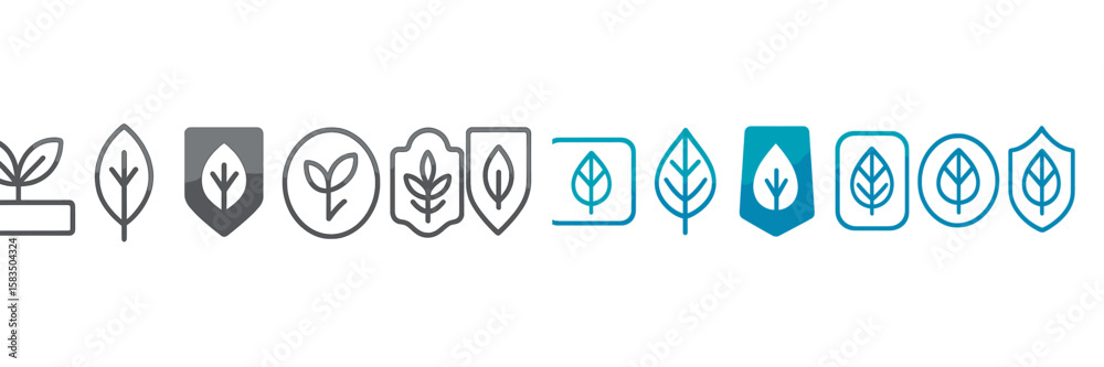 Poster various leaf designs and shield symbols created with simple lines in a modern style on a white backg