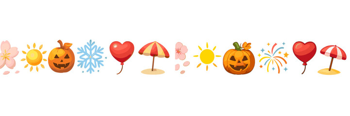 Seasonal emoji banner featuring autumn, winter, summer, and spring symbols in a playful design