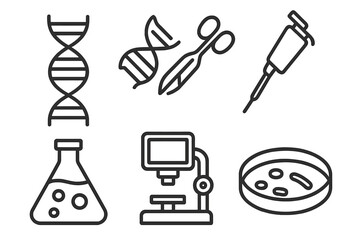 Scientific research tools including DNA, microscope, and lab equipment used in modern biology studies