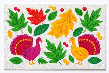 Festive Thanksgiving Paper Napkin with Turkey and Leaf Prints on White Background, Holiday Table Decor Concept