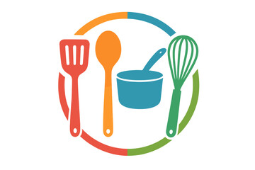 Cooking utensils and a bowl arranged in a circular design symbolize culinary arts and kitchen creativity