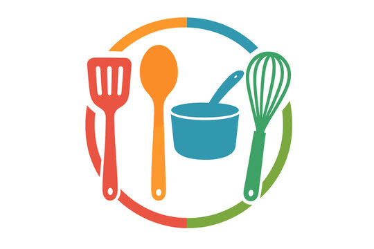 Cooking utensils and a bowl arranged in a circular design symbolize culinary arts and kitchen creativity