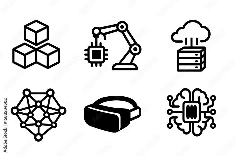 Poster exploring modern technology concepts with icons representing virtual reality, cloud computing, and a