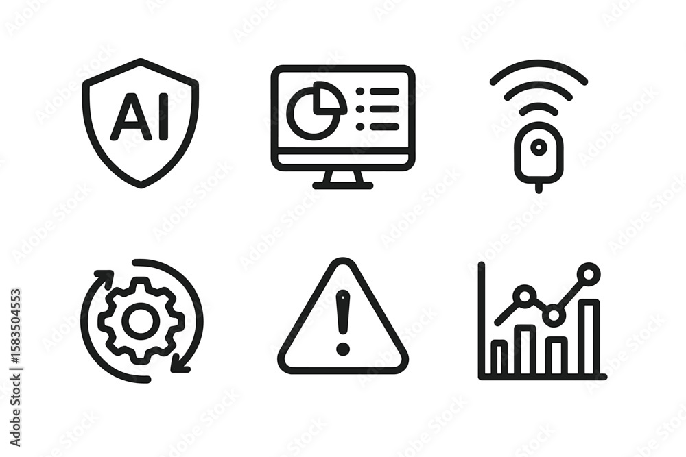 Poster icons representing artificial intelligence and data analytics in a modern digital workspace with emp