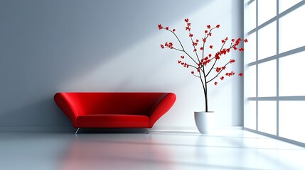 Modern living room with red couch and plant