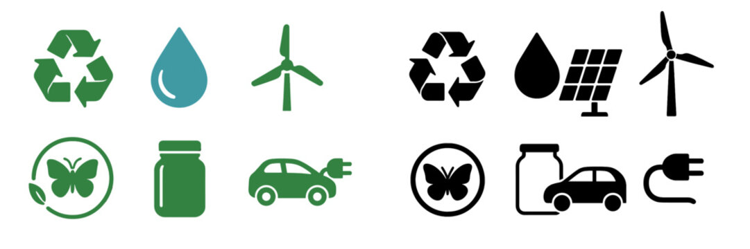 Various eco-friendly symbols representing sustainability, renewable energy, and environmental protection initiatives in a clean design