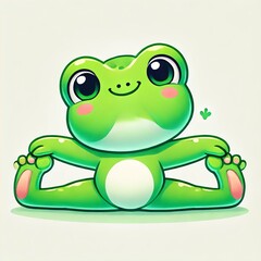 Obraz premium A cartoon illustration of a cute, green frog sitting in a playful yoga-like stretch position