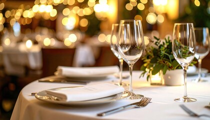 Fototapeta premium Elegant Dining: Wine glasses, folded napkins, and ambient light setting
